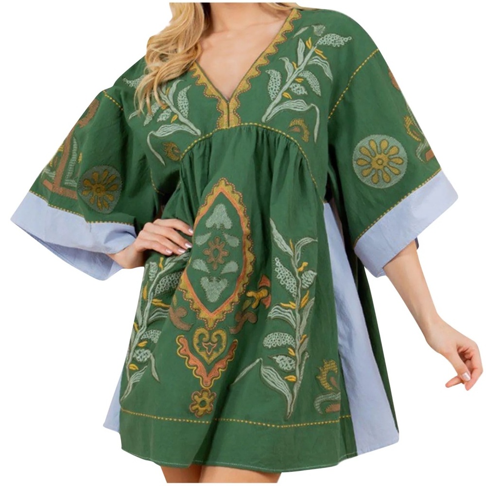 Embroidered Green and Blue Mini Dress